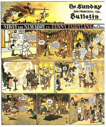 Behean, Will Eisner-en The Street Singer kontakizunaren orrialde bat, A contract whit God -And Other Tenement Stories liburutik hartua (1978, Estatu Batuak). Eskuinean, George McManus-en Nibsy the Newsboy in Funny Fairyland, igandetako egunkarian argitaratua (1906, Estatu Batuak).<br><br>